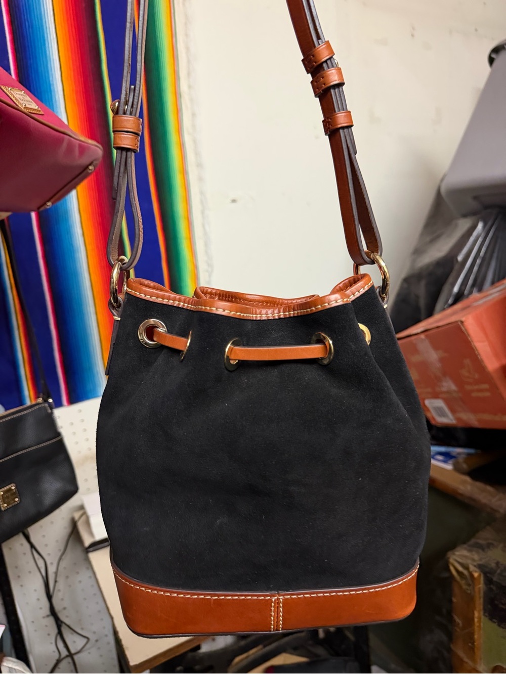 Dooney & Bourke Small Black Suede Bucket Bag with Tan Leather Trim - Picture 2 of 15